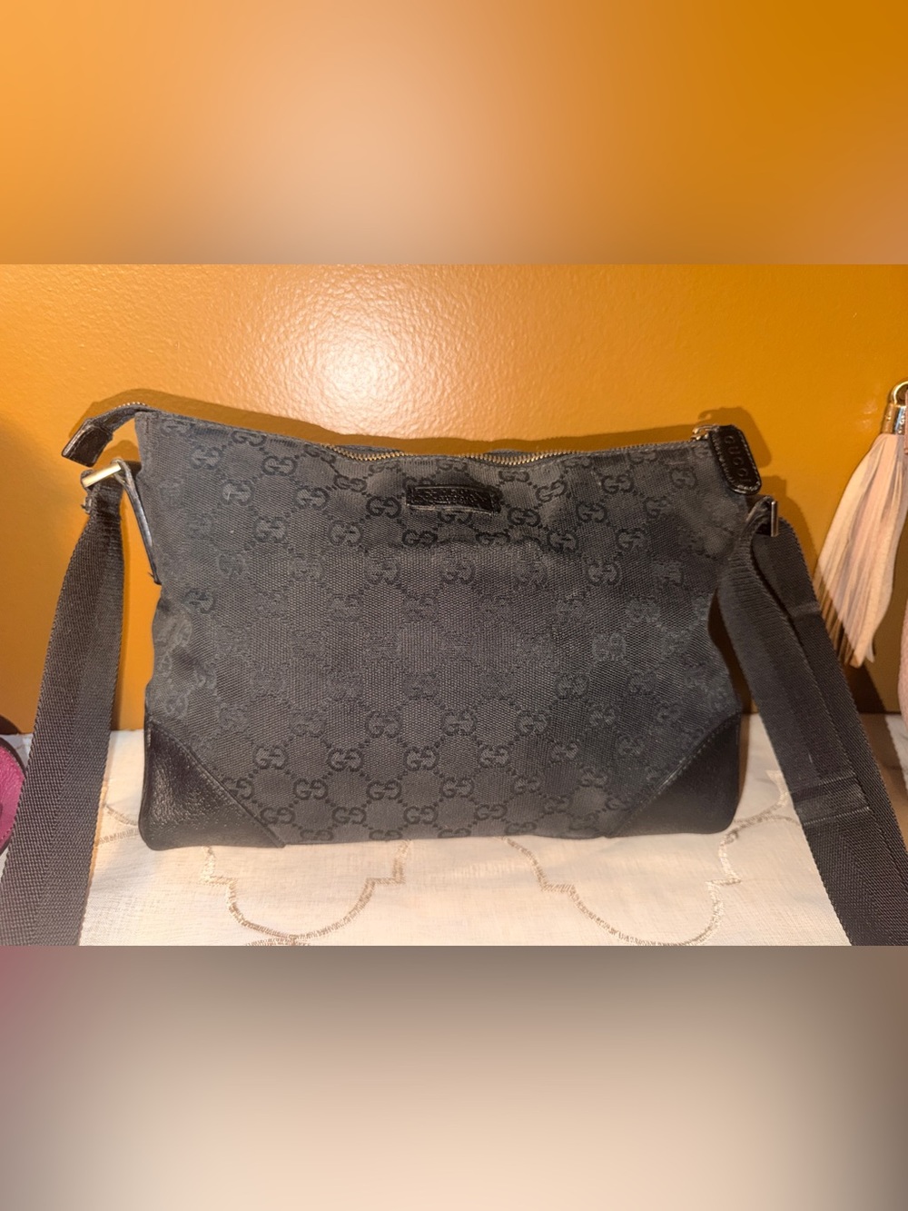 Gucci Black GG Canvas Messenger Bag with Leather Trim